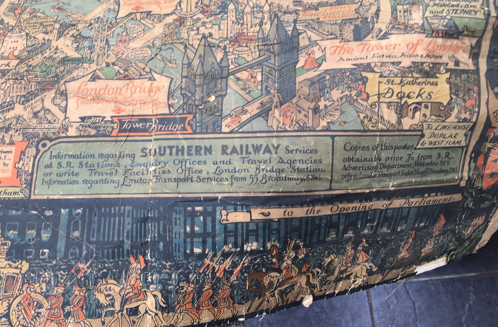 Vintage 1930s Southern Railway Map on Cloth of London - 47 1/2" x 35". - Image 3 of 6