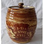 Scottish Pottery Aberdeen Seaton Agate Ware Barrel Mrs McEwen 1893 - 23cm tall.