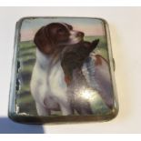 Antique Alpaca Silver and Enamel Cigarette Case with Shooting (Pointer and Grouse) Scene.