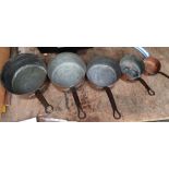 Lot of 5 Antique Copper Pans - 9 1/4" diameter to 4" diameter.