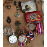 Lot of GSTP Pocket Watches (not working) and Army Badges-Medals etc.