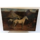 Primitive/Naive Oil Painting of Horses 28 1/2" x 19".