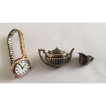 Miniature Silver Teapot and Cream Jug plus Gold Watch.