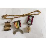 Lot of Various Masonic Items and Yellow Metal Chain.