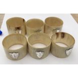 William Dunningham Aberdeen Set of Six Horn Napkin Rings with Silver Shields.