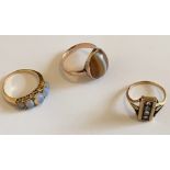 Lot of 3 Rings - 9 karat Agate Ring and 2 of Yellow Metal - approx 10.7 grams total.