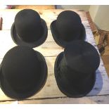 Lot of 3 x Vintage Bowler Hats and a Top Hat approx 6 3/4.