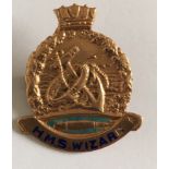 WW1 HMS Wizard 9 karat Gold Badge "To Molly from Fred" - 34mm x 28mm - 7.5 grams.