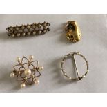 Lot of 9 karat Gold and Pearl Brooch + 2 Yellow Metal Pearl Brooches+Yellow Metal Ingot - 8.8 grams