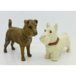 A cold painted model dog and a painted model Scottie,