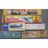 Six model aircraft kits including four Keil Kraft and a Guillows TBF Avenger