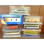 Six Corgi Original Omnibus model coaches and a Corgi Stagecoach,