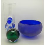 Three items of glass; vase, bowl and paperweight,