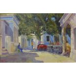 David Noble, continental street scene, oil on board,