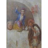 School of Richard Parkes Bonington, two gypsies by a window, watercolour,