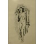 A pencil study of a standing female nude, indistinctly signed,