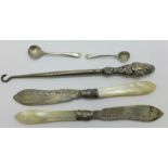 Two mother of pearl handled butter knives,