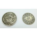 A Chinese silver coin, 34th Year of Kuang Hsu Pei Yang, 1908 and a Chinese silver coin,