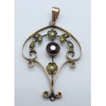 A 9ct gold, red stone and pearl pendant, drop missing, 2.