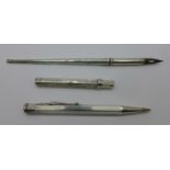 A silver Yard-O-Led pencil, a silver dip pen, a/f,