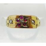 A Victorian 15ct gold, ruby, diamond and pearl ring, Chester 1892, 1.