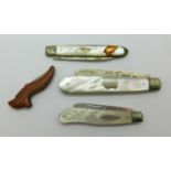 Three silver fruit knives and a novelty shoe knife