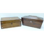 A sarcophagus rosewood caddy with mother of pearl inlay and an inlaid workbox with mother of pearl,