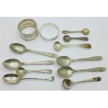 Silver spoons and napkin rings,