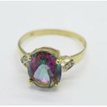 A 9ct gold, mystic topaz and diamond chip ring, 1.