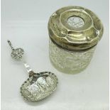 A silver topped jar and a Dutch silver caddy spoon, 40.