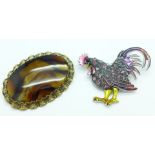 A cockerel brooch and one other brooch