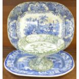 Two blue and white transfer printed serving plates and a green Copeland & Garrett transfer printed