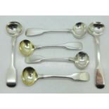 Six silver Victorian and Georgian salt spoons,