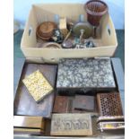 Two boxes of decorative items, including work boxes, a burr walnut pocket watch box with stand,