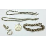 A silver bracelet, a silver St. Christopher, a plated chain, etc.