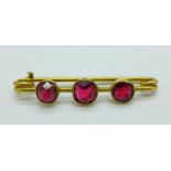 A 9ct gold and red stone brooch, 3.