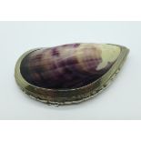 A plated snuff box mounted with a shell, inner lid bears inscription, 'J.A.H.