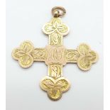 A Victorian 9ct gold cross, inscription 1894, 6.