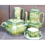 Four items of Choisy le Roi French majolica, coffee pot, water jug,