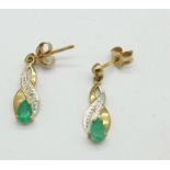 A pair of 9ct gold, diamond and emerald earrings,