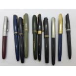 Ten ink pens, eight with 14k gold nibs, Parker x3, Swan x3,