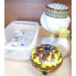 A lidded glass dish, chips to the inner rim of lid and base, a glass vase, a lustre glass rose vase,
