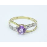 A 9ct gold, amethyst and diamond ring, 1.
