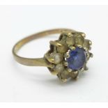 A 9ct gold, blue and white stone cluster ring, 2.