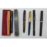 Five ink pens, two with 14k gold nibs, Parker,