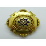 A Victorian yellow metal, pearl and enamel brooch,