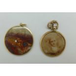 A gold framed photograph pendant and a 9ct gold framed agate pendant