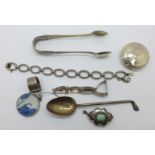 Assorted silver and white metal items including a silver top for a pot, sugar bows,