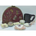 Assorted items:- a bead decorated tea cosy decorated with butterflies, a leather tankard,
