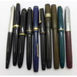 Ten ink pens, three with 14k gold nibs, Conway,